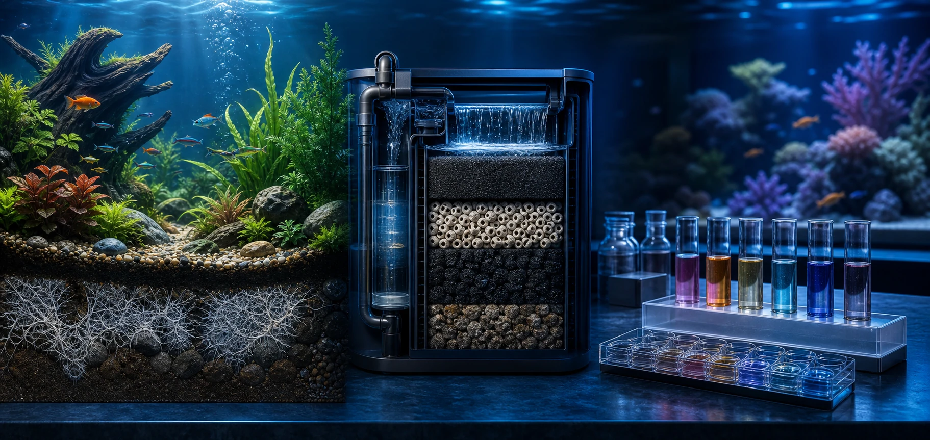 Premium scientific aquarium illustration showing a planted living substrate, layered aquarium filter media, and professional water testing vials
