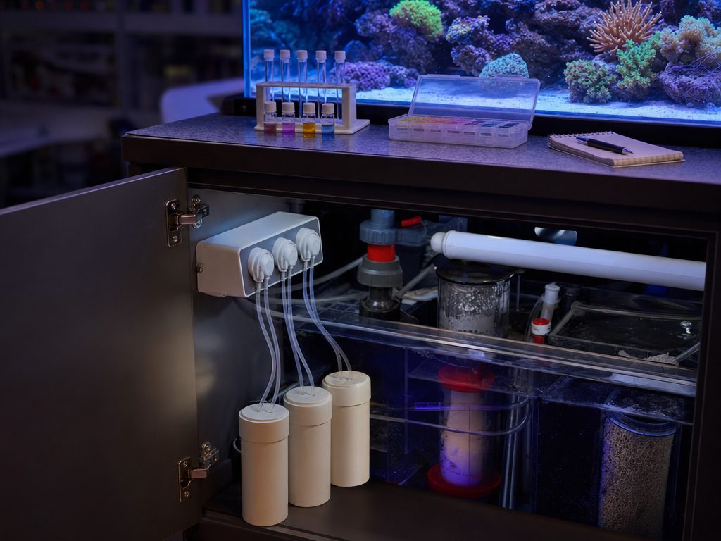 Reef dosing pump with three supplement containers feeding the sump, with alkalinity and calcium test kits on the counter