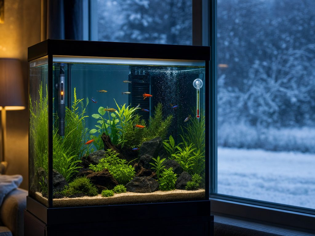 Aquarium heaters placed near the filter outflow with a glass thermometer, in a room with a frosty winter window